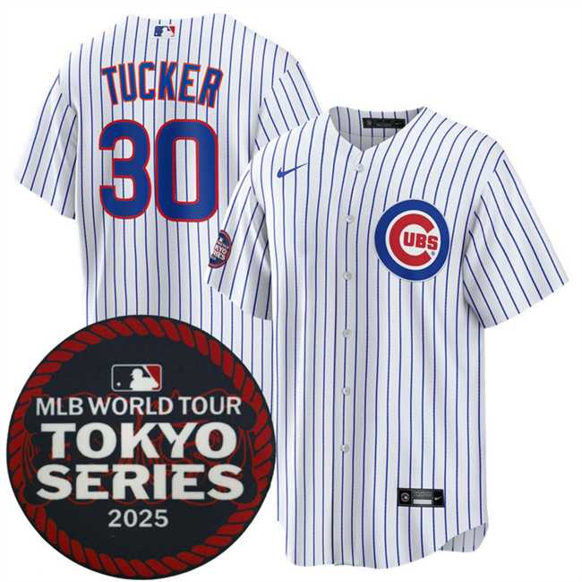 Men%27s Chicago Cubs #30 Kyle Tucker White 2025 World Tour Tokyo Series Home Stitched Jersey Dzhi